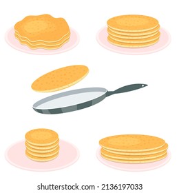Ready pancakes on the plate and pan isolated on a white background. Cartoon vector illustration. 