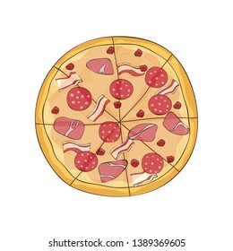 Ready pizza with bacon, ham and salami. Vector illustration.