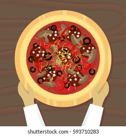ready pizza on board top view vector illustration