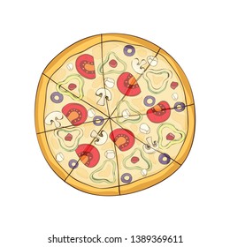 Ready pizza with vegetables and cheese. Vector illustration.