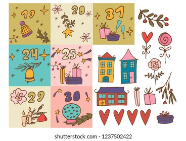 ready to print advent calendar. Christmas doodles pictures for postcards, tags, stickers, wrapping paper