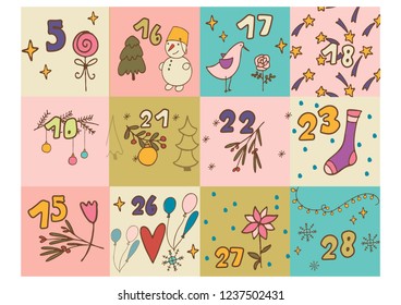 ready to print advent calendar. Christmas doodles pictures for postcards, tags, stickers, wrapping paper
