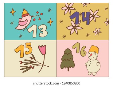 ready to print advent calendar. Christmas doodles pictures for postcards, tags, stickers, wrapping paper