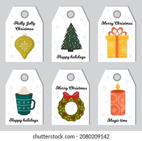 Ready to print Christmas gift tags with winter holidays attributes and greetings. Template for New 2022 Year, gift tags. Labels xmas set. Christmas labels for decorating gifts for winter holidays.