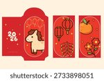 Ready to print and editable template of cute Chinese New Year 2026 red pocket and festive illustration set featuring the Year of the Horse with soft pastel red color palette with lanterns, firecrackers, flowers, and lucky orange elements in a clean flat vector style, perfect for printing, packaging, and holiday promotions