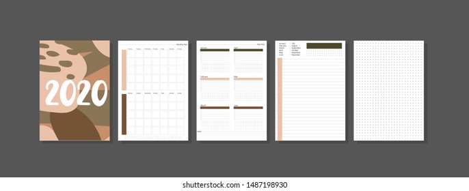 Ready to print planner 2020 layout. Set of year, monthly, daily planner template. Blank isolated notebook page. Business and time management paper sheet. Vector illustration.