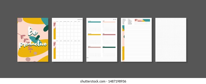 Ready to print planner layout. Set of year, monthly, daily planner template. Blank isolated notebook page. Business and time management. Be productive paper sheet. Vector illustration.