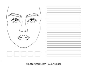 Ready to printing landscape orientation face chart page  Clean face and thick eyebrows   realistic features  Empty worksheet for make up artist practice  Makeup layout for visage