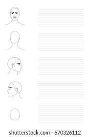 Ready to printing page of the workbook of the school of hairdressers, stylists. Isolated vector black and white human heads in different projections. Empty worksheet for sketching schemes