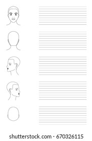 Ready to printing page of the workbook of the school of hairdressers, stylists. Isolated vector black and white human heads in different projections. Empty worksheet for sketching schemes