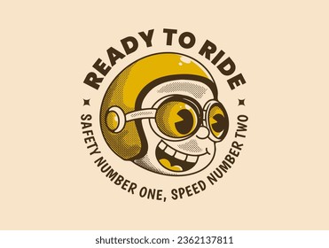 Ready to ride. Wear your helmet. Vintage illustration of a boy head wearing helmet
