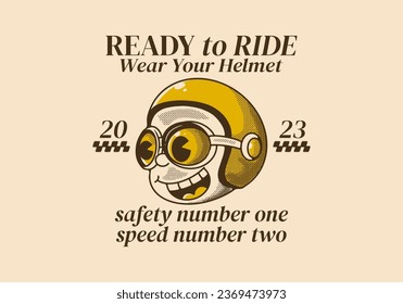 Ready to ride. Wear your helmet. Vintage illustration of a boy head wearing helmet