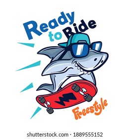 Ready to ride.Skater shark vector print.Skateboard drawing.Fun t-shirt design for kids.Vector illustration design for fashion fabrics, textile graphics, print.