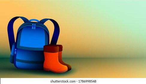 ready to school concept, school backpack and bright orange childrens boots. Autumn rainy weather. Good autumn mood. Vector