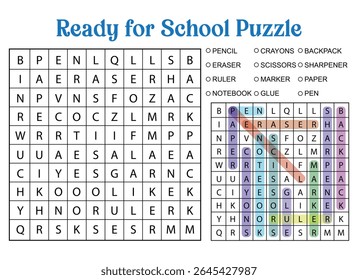Ready for School Puzzle. Word search with school supplies. Fun educational activity for kids. Includes answer key.
