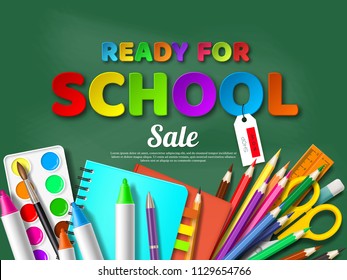 Ready for school sale poster with realistic school supplies. Paper cut style letters on blackboard background. Vector illustration.