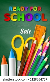 Ready for school sale poster with realistic school supplies. Paper cut style letters on blackboard background. Vector illustration.