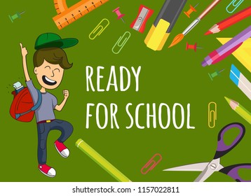 Ready for school. Vector illustration in flat style. Happy boy. Concept for school fair banner.