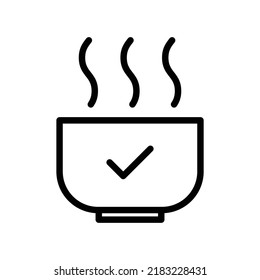 Ready serve meal icon with bowl, check mark and smoke. Draw in black outline style