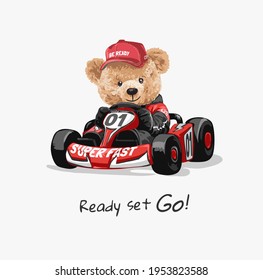 fertiger Go-Slogan mit Bärenpuppe-Fahrt kart Vektorgrafik