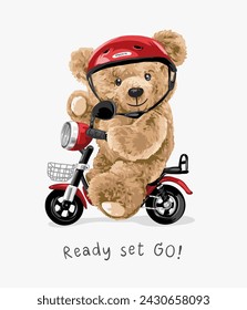 ready set go slogan with cute bear doll riding red scooter hand drawn vector illustration