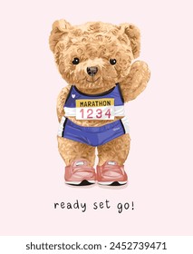 ready set go slogan with cute bear doll in marathon runner costume hand drawn vector illustration