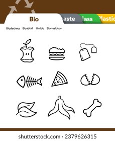 Ready sets of icons for separating bio waste. Vector elements are made with high contrast, well suited to different scales and on different media. Ready for use in your design. EPS10.