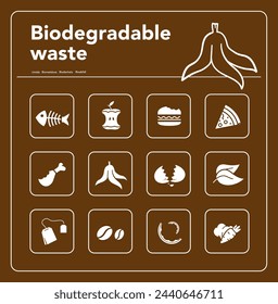 Ready sets of icons for separating biodegradable waste in one colour. Vector elements are made with high contrast, well suited to different scales. Ready for use in your design. EPS10.