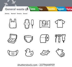 Ready sets of icons for separating general waste. Vector elements are made with high contrast, well suited to different scales and on different media. Ready for use in your design. EPS10.