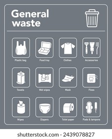 Ready sets of icons for separating general waste. Vector elements are made with high contrast, well suited to different scales and on different media. Ready for use in your design. EPS10.