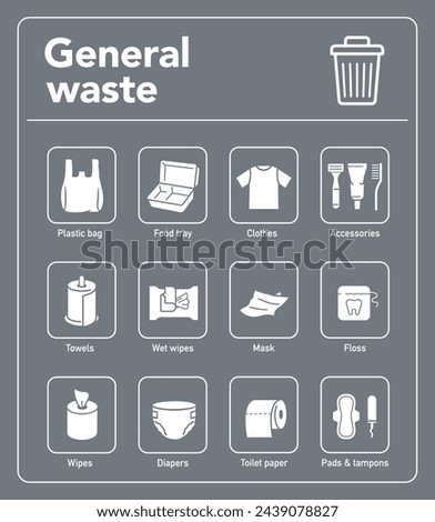 Ready sets of icons for separating general waste. Vector elements are made with high contrast, well suited to different scales and on different media. Ready for use in your design. EPS10.