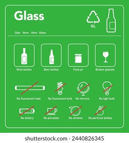 Ready sets of icons for separating glass waste in one colour. Vector elements are made with high contrast, well suited to different scales and on different media. Ready for use in your design. EPS10.