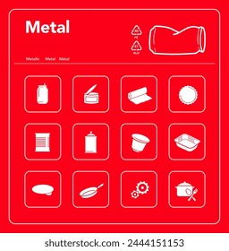 Ready sets of icons for separating metal waste in one colour. Vector elements are made with high contrast, one coloured, well suited to different scales. Ready for use in your design. EPS10.