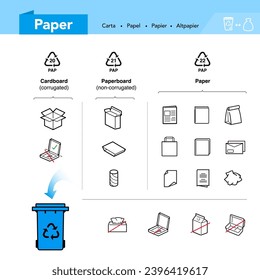 Ready sets of icons for separating paper waste. Vector elements are made with high contrast, well suited to different scales and on different media. Ready for use in your design. EPS10.