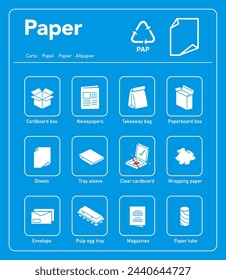 Ready sets of icons for separating paper waste in one colour. Vector elements are made with high contrast, one well suited to different scales. Ready for use in your design. EPS10.