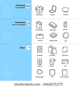 Conjuntos de íconos listos para separar los residuos de papel. Los Elementos de Vector están hechos con alto contraste, muy adecuados para diferentes escalas y en diferentes medios. Listo para su uso en su diseño. EPS10.