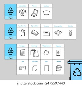 Conjuntos de íconos listos para separar los residuos de papel. Los Elementos de Vector están hechos con alto contraste, muy adecuados para diferentes escalas y en diferentes medios. Listo para su uso en su diseño. EPS10.