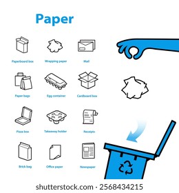 Ready sets of icons for separating paper waste. Vector elements are made with high contrast, well suited to different scales and on different media. Ready for use in your design. EPS10.