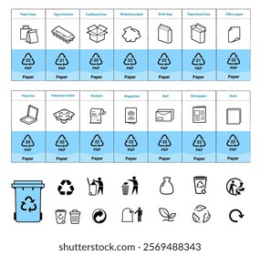 Ready sets of icons for separating paper waste. Vector elements are made with high contrast, well suited to different scales and on different media. Ready for use in your design. EPS10.