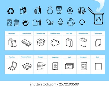 Ready sets of icons for separating paper waste. Vector elements are made with high contrast, well suited to different scales and on different media. Ready for use in your design. EPS10.