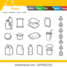 Listos conjuntos de iconos para separar los residuos plásticos. Los elementos vectoriales están hechos con alto contraste, bien adaptados a diferentes escalas y en diferentes soportes. Listo para su uso en su diseño. EPS10.