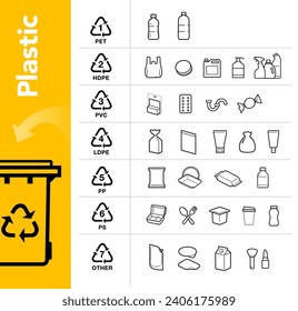 Ready sets of icons for separating plastic waste. Vector elements are made with high contrast, well suited to different scales and on different media. Ready for use in your design. EPS10.