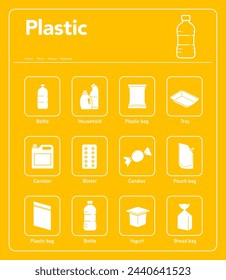 Ready sets of icons for separating plastic waste. Vector elements are made with high contrast, one coloured, well suited to different scales.Ready for use in your design. EPS10.