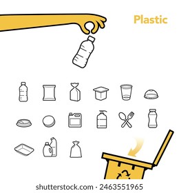 Ready sets of icons for separating plastic waste. Vector elements are made with high contrast, one coloured, well suited to different scales.Ready for use in your design. EPS10.