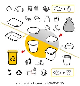 Ready sets of icons for separating plastic waste. Vector elements are made with high contrast, well suited to different scales and on different media. Ready for use in your design. EPS10.