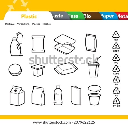 Ready sets of icons for separating plastic waste. Vector elements are made with high contrast, well suited to different scales and on different media. Ready for use in your design. EPS10.