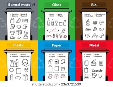 Ready sets of icons for separating trash. Vector elements are made with high contrast, well suited to different scales and on different media. Ready for use in your design. EPS10.