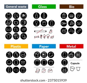 Ready sets of icons for separating trash. Vector elements are made with high contrast, well suited to different scales and on different media. Ready for use in your design. EPS10.