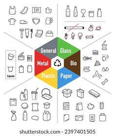 Ready sets of icons for separating trash. Vector elements are made with high contrast, well suited to different scales and on different media. Ready for use in your design. EPS10.