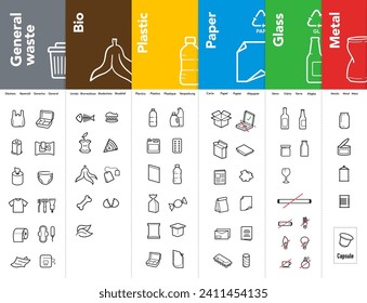 Ready sets of icons for separating trash. Vector elements are made with high contrast, well suited to different scales and on different media. Ready for use in your design. EPS10.